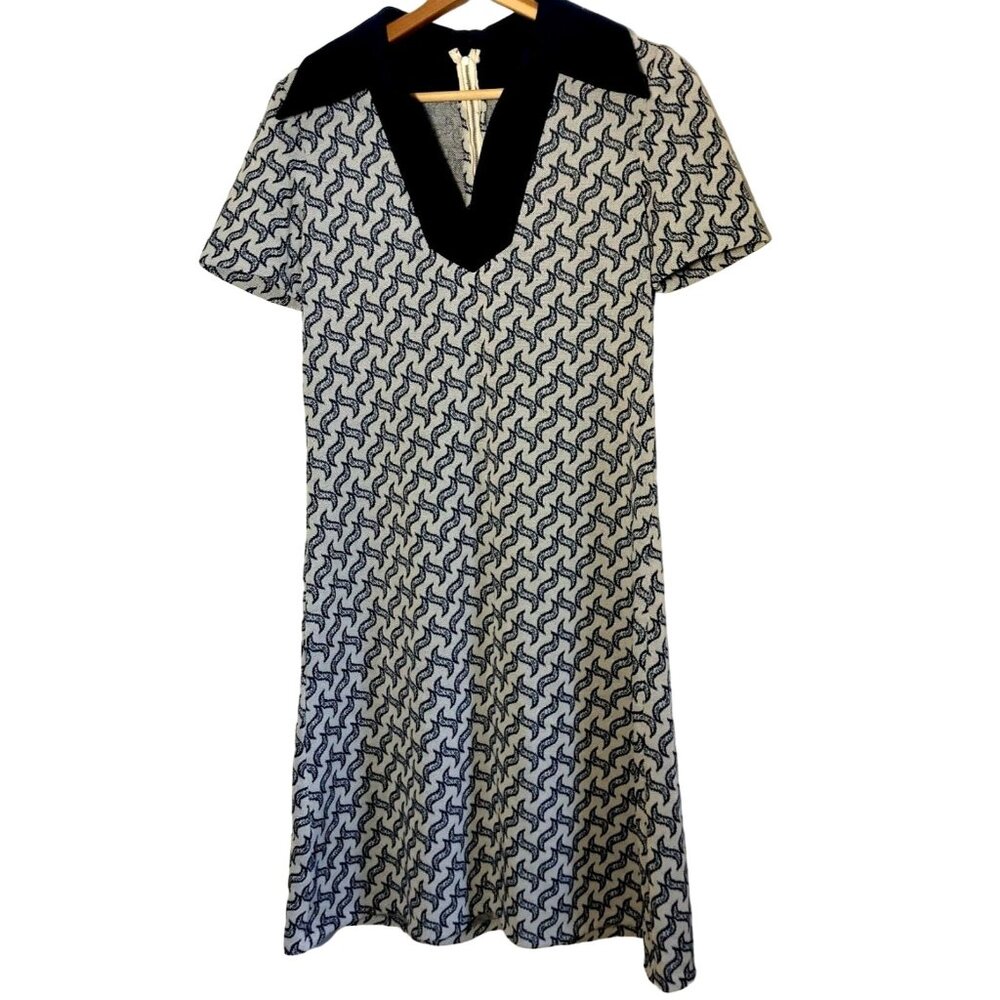 Vintage 1960s Homemade Dress Blue White Short Sleeve Collared V Neck Rockabilly